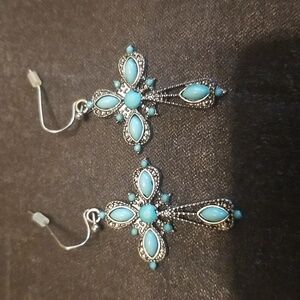 Vintage Silver Tone and Turquoise Cross Earrings